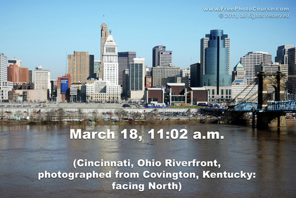 Picture of Cincinnati, Ohio Riverfront. Illustrates use of camera at different times of the day to change photographic exposure and depth of sky tone and shade.  © 2011, www.FreePhotoCourse.com, all rights reserved.  Do not copy or use for commercial purposes.